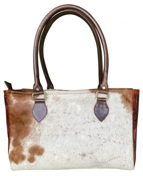 Klassy Cowgirl Brown &amp; White Hair on Cowhide Shoulder Bag with leather tooled sides